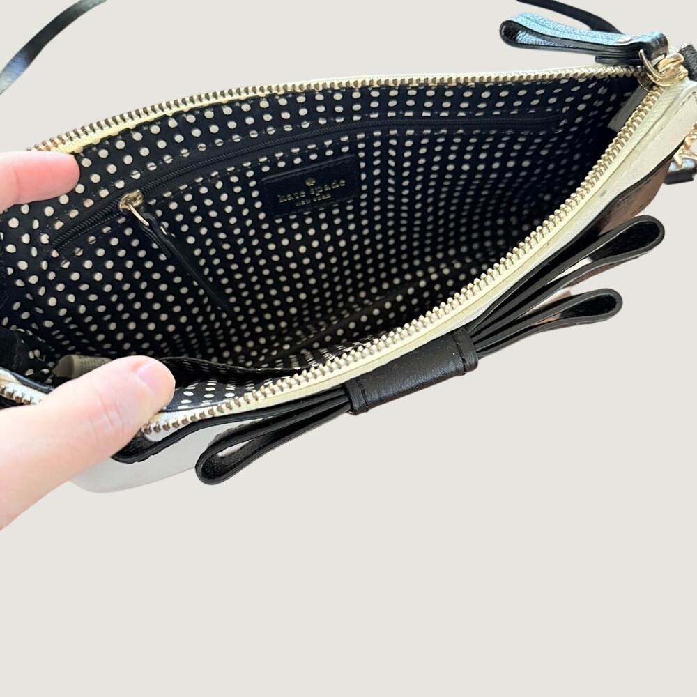 Kate Spade New York Leather Bow Crossbody Bag Purse Polka Dot Lining White Black - Picture 7 of 13